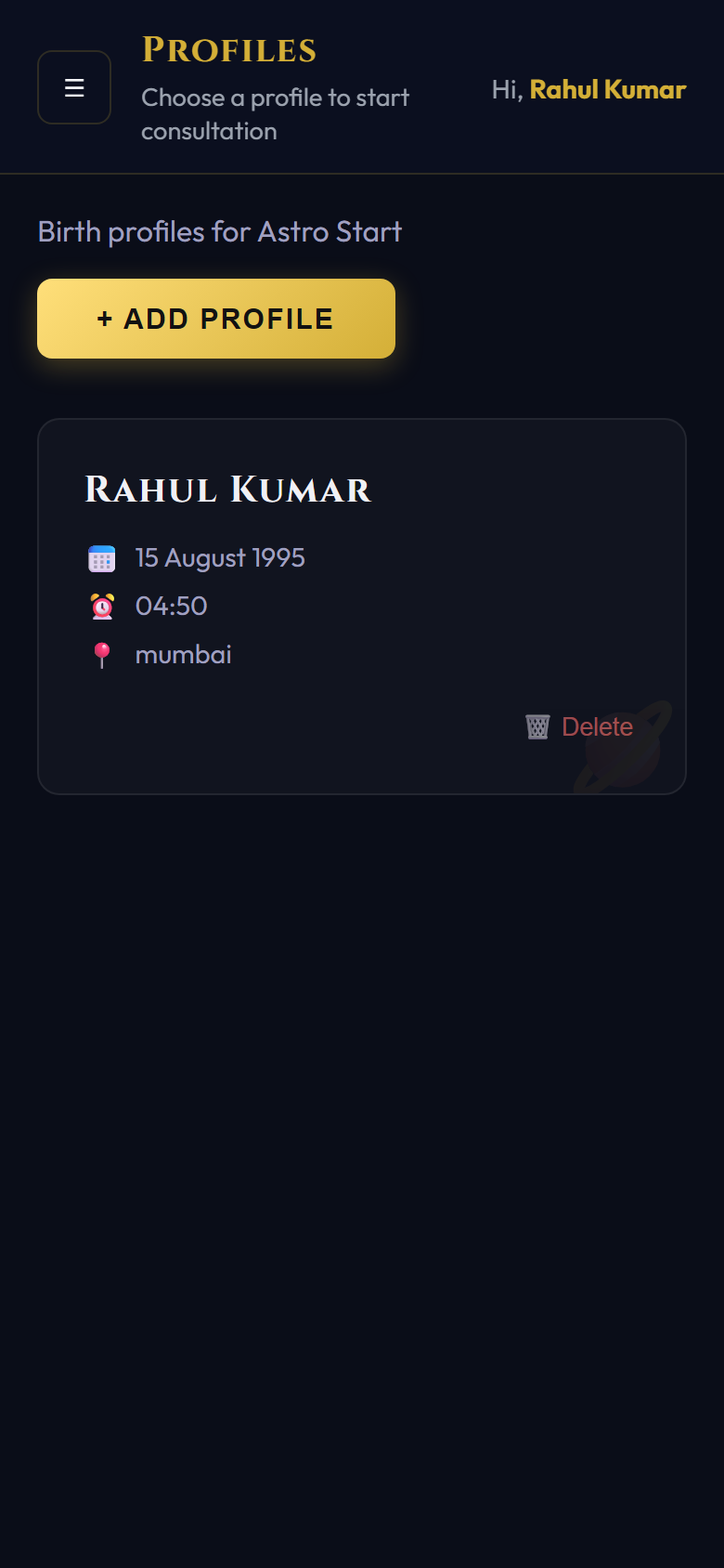 Birth profiles screen in Astro app